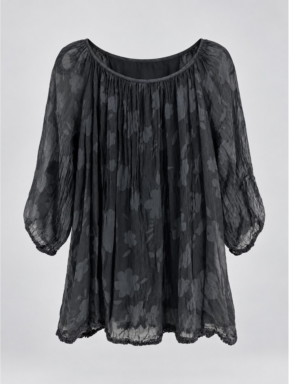 JS Millenium Women’s M/L Black Silk Floral Burnout Tunic Made in Italy